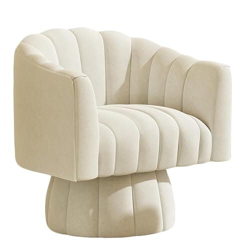 Accent Chair Mid Century 360 Degree Swivel Chair,Modern Lounge Sofa Round Barrel Chair with Wide Upholstered,Fluffy Velvet Fabric Chairs for Home Sofa Living Room/Bedroom/Waiting Room (Beige) - Beige-velvet - Image 1