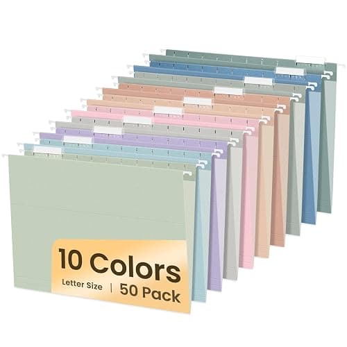 SUNEE Hanging File Folders, 50 Pack Letter Size Hanging File Folders with 1/5-cut Tabs, Stay Organized for Your Home and Office Bulk File, Documents and Paper, 10 Pastel Colors - Image 1