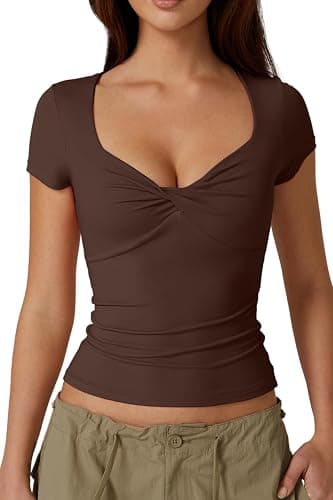 QINSEN Women's Sexy Twist Front V Neck T Shirts Double Lined Short Sleeve Slim Fit Crop Top Trendy Y2K Tops Tee - Image 1