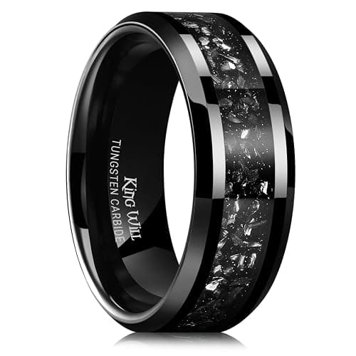King Will Mens Meteorite Tungsten Wedding Bands, 6mm/8mm Width, Black/Silver Engagement Rings for Couples, Beveled Edge Promise Ring for Women Comfort Fit - Image 1