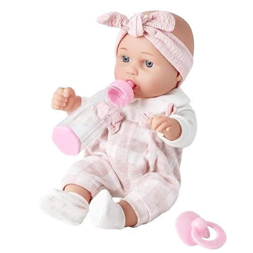 Enjoyin 12'' Baby Doll in Gift Box with Pink Cloths, Pacifier, 13''x13'' Microfabric Blanket, and Feeding Bottle. Gift Idea for Ages 3+ - Image 1