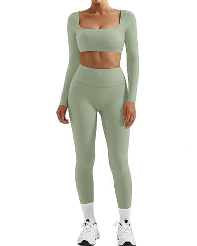 SUUKSESS Women 2 Piece Workout Sets Compression Tummy Control Leggings with Pockets Long Sleeve Square Neck Padded Crop Tops - Image 1