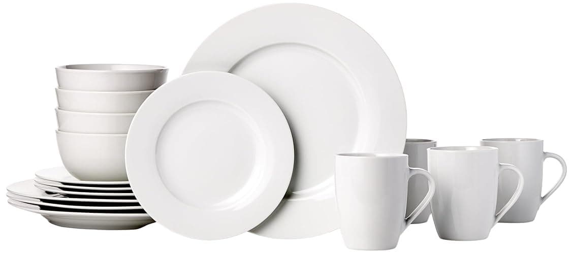 Amazon Basics 16-Piece Porcelain Kitchen Dinnerware Set with Plates, Bowls and Mugs, Service for 4 - White - Image 1