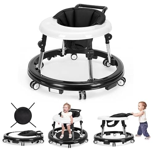 Baby Walker Foldable with 9 Adjustable Heights, Baby Walker with Wheels Portable, Infant Toddler Walker for Baby Boy Girls 6-18 Months (Black) - Image 1