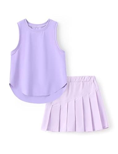 PATPAT Girls Tennis Skirt Sets Moisture Wicking Tank Tops and Pleated Skirts 2 Piece Outfits Activewear Sets 5-12 Years - Purple - 7-8 Years - Image 1