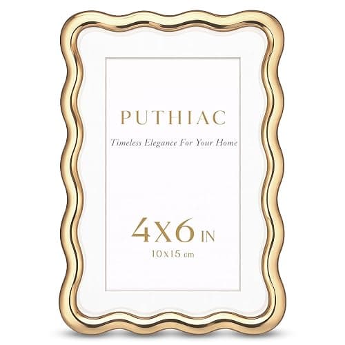 puthiac 4x6 Wavy Picture Frame, Zinc Alloy Gold Frame, Tempered Glass | Decorative wave profile with included 3x5 mat, ideal for wedding photos, anniversaries, portraits, and elegant home décor - Image 1