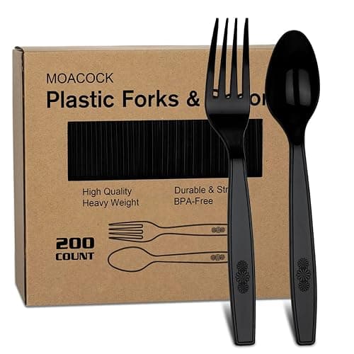 MOACOCK 200 Count Black Plastic Silverware, Heavy Weight Plastic Forks Spoons, Disposable Utensils Cutlery Set for Wedding Party Supplies Everyday Use - Image 1