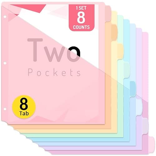 Forvencer 8 Count Dividers with Two Pockets, 8 tab Binder Dividers | Binder Organizer, Binder Divider with Tabs for School Office and Home Organization, Multicolor, 1 Set - Image 1