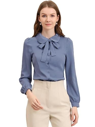Allegra K Women's Peter Pan Collar Blouse Bow Tie Neck Vintage Casual Office Button Up Shirt Small Dusty Blue - Image 1