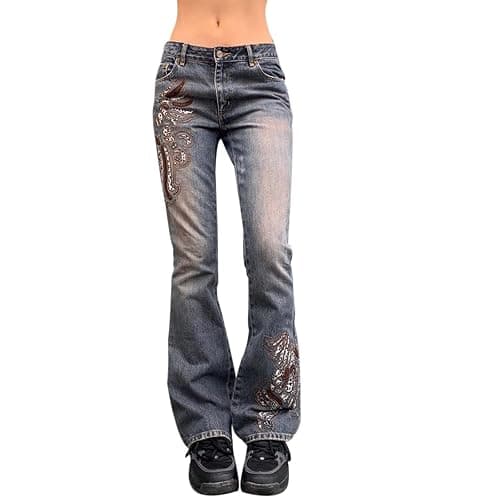HOXIJIA Women High Waisted Wide Leg Denim Pants Y2K Patterned Baggy Flared Hem Jeans Stretch Bell Bottom Trousers - Image 1
