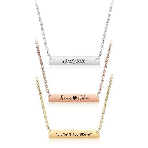 Personalized bar necklace for women, custom engraved stainless steel name plate necklace gift gold, silver and rose gold for mothers day, coordinates, dates, roman numeral, friendship, christmas - Image 1