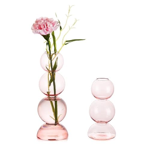 Glass Bubble Vases for Flowers, Hewory 2pcs Pink Unique Cute Single Flower Vase for Centerpieces, Funky Aesthetic Vase Skinny Bud Vase, Cool Groovy Decor for Home Living Room Bedroom Office Tabletop - Image 1