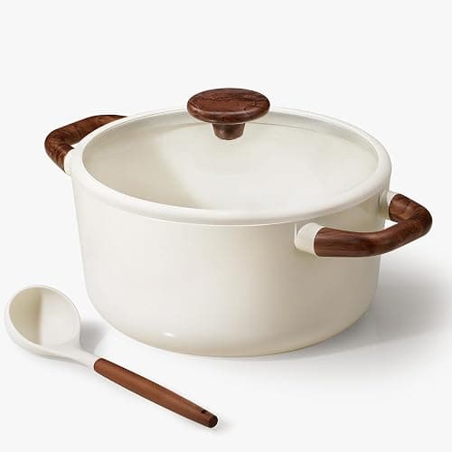 CAROTE 5QT Nonstick Stock Pot with Lid, 5 Quart Casserole with Ladle, Even Heating Stockpot, Fits All Stoves, Non Stick Big Cooking Pots PFOA Free, White - Image 1
