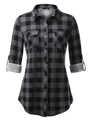 DJT Womens Soft Stretchy Knit Plaid Shirts Roll Up Long Sleeve Collared Button Down Blouses Tops - Image 1