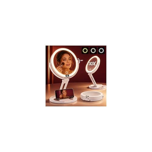 Travel Makeup Mirror with Lights, 1X/30X Double-Sided Magnifying Mirror | Velmelle Foldable Lighted Makeup Mirror with 2000mAh Battery, 3 Lighting Modes, Dimmable Touch Screen & Smart Display - Image 1
