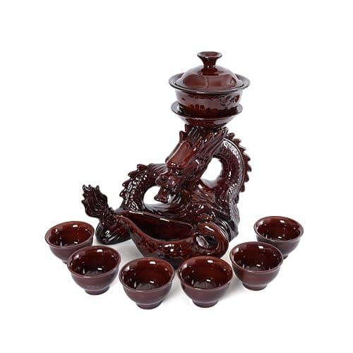 fanquare Lazy Kungfu Ceramic Tea Set for 6, Chinese Dragon Shape 9 Piece Tea Set Gift Box, Tea Cup, Infuser, Fair Cup Unique Tea Set for Office Business Gift, Red - Image 1