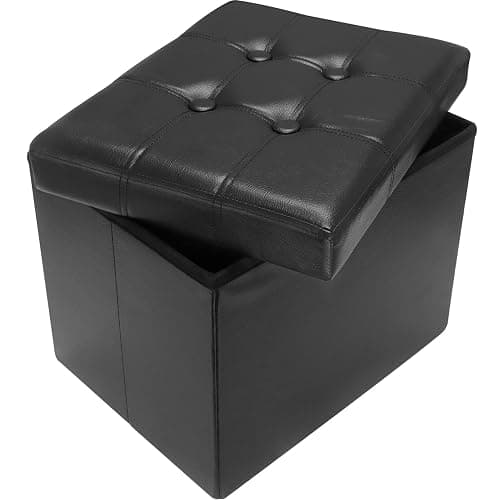 AmasSmile Storage Ottoman Folding Foot Rest Stool, Leather Footstool Bench, Short Ottoman Stool, Storage Foot Rest Store, Books (Black, 13" D x 17" W x 13" H) - Black - 13"D x 17"W x 13"H - Image 1