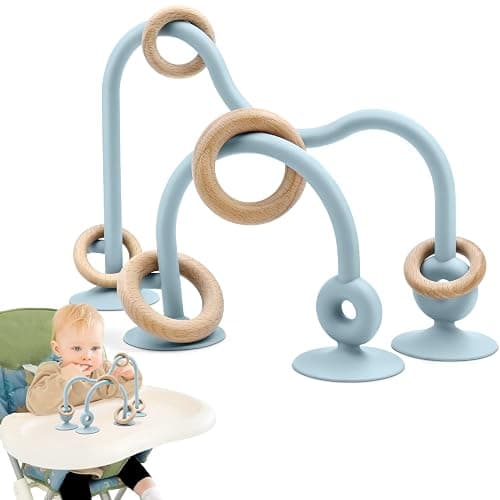 Baby Sensory High Chair Suction Toys for Infant Toddlers 6 12 18 24 Months, Food Grade Silicone String with Oak Loop Montessori Educational Parent-Child Baby Bath Toy (Blue) - Image 1
