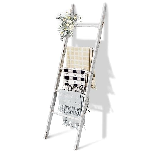 Delywh 5-Tier Blanket Ladder Wooden, 5.3FT(63'') Blanket Quilt Holder Rack Decorative Ladder, Easy Assembly, Rustic Farmhouse Ladder Shelf for The Living Room Bedroom Bathroom Home Decor, White Wash - Image 1
