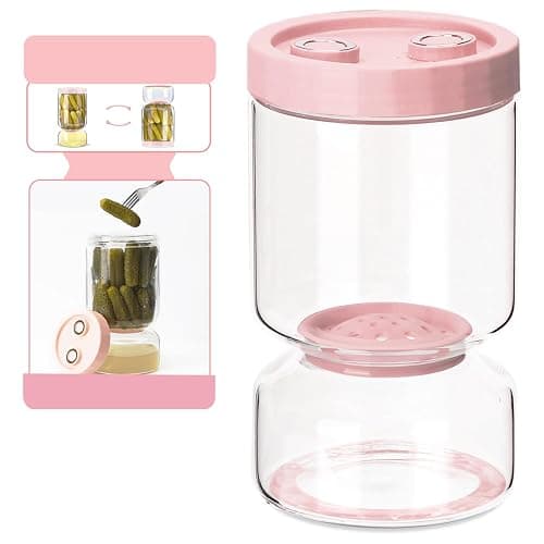 Pickle Jars, Glass Pickle Container with Strainer Flip, 51oz Pickle Jar with Strainer Upside Down, Large Hourglass Storage Kimchi Jars with LeakProof Lid for Jalapenos Olives Sliced Pickles (Pink) - Image 1