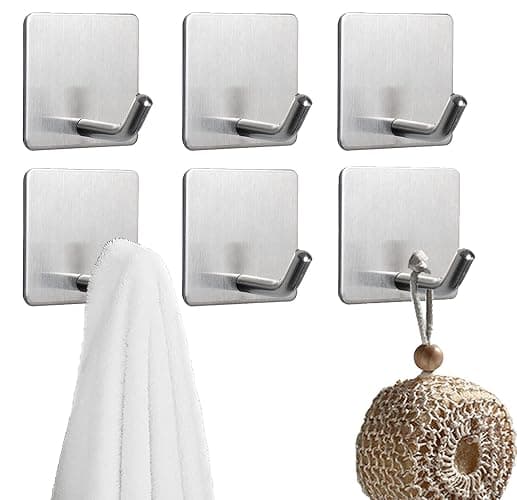 Aobvrey Adhesive Hooks Heavy Duty, 6 Packs Towel Hooks Stainless Steel Wall Hooks for Hanging Towels, Loofahs, Coats and Hats (Silver) - Silver - Image 1
