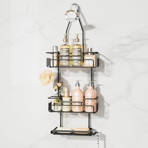 SWTYMIKI Shower Caddy Hanging - Extended Length 3 Tier Rustproof Shower Organizer Hanging, No Drilling Shower Shelves with 16 Hooks & Soap Holder, Anti-Swing Rack, Black - Image 1