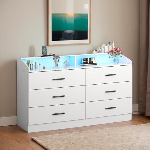 White Dresser for Bedroom, 6 Drawer Dresser with Charging Station, Chests of Drawers with LED Lights, Modern Double Dresser, Storage Cabinet with Drawers for Living Room, Hallway - Image 1