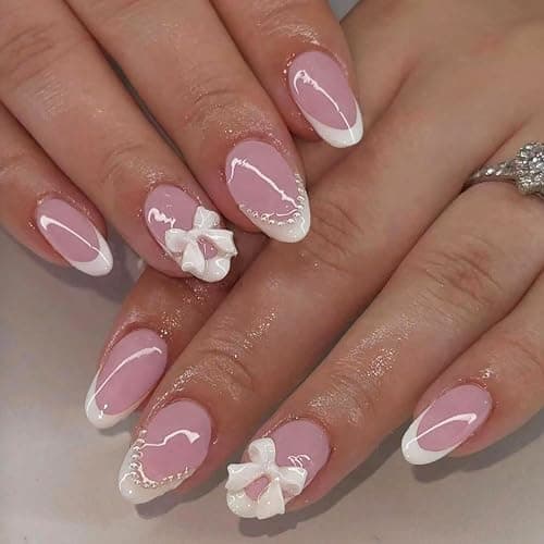 24 Pcs French Tip Press On Nails - Short Almond Bow Fake Nails with Pearl Designs - White French Tip False Nails - Reusable Artificial Nails for Women & Girls - Image 1
