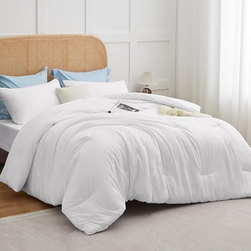 CozyLux White Full Size Comforter Set, 3 Pieces Solid Breathable Quilted Style Bedding Sets, Luxury Fluffy Soft Bed Set with Down Alternative Comforter for All Season (1 Comforter & 2 Pillowcases) - Image 1