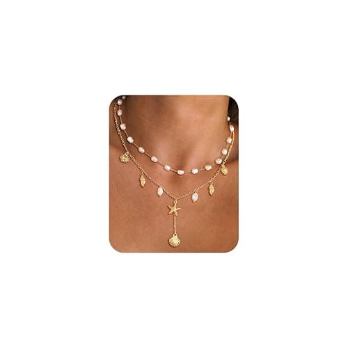Shell Charm Necklace For Women Stack Seashell Pearl Dainty Starfish Beach Layered 14k Gold Plated Pendant Summer Boho Jewelry Gifts - Image 1