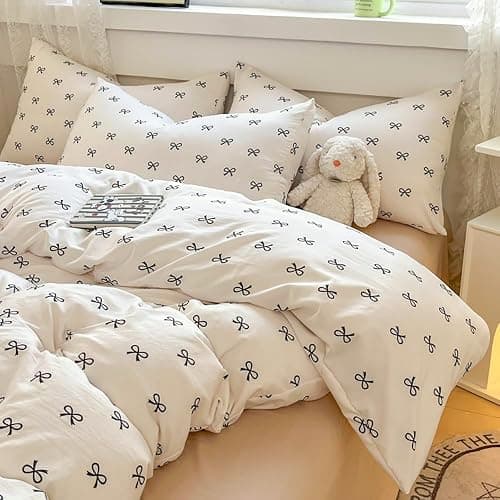 Covebett Black Bow Duvet Cover Single Bows Bowknot Print Kawaii Bedding Set Kids Girls Cute Black White Bow Tie Microfiber Comforter Cover 135x200 cm with Zipper Closure and 1 Pillowcase 50x75 cm - Image 1