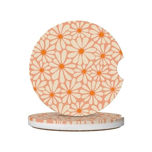 Orange Floral Car Coasters for Cup Holders,2 Pack Car Cup Holder Coasters for Car,Ceramic Absorbent Car Coaster with A Finger Notch and Cork Base,Car Interior Accessories for Women Men - Image 1