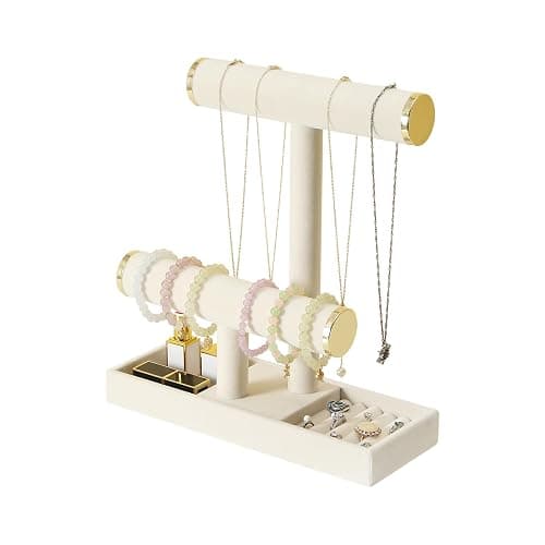 Pangkeep Jewelry Holder Stand,2 Tier Necklace Bracelet Organizer with Tray,Jewelry Displays for Selling Bangles Scrunchie Hair ties Watches and Chains (Beige) - Image 1