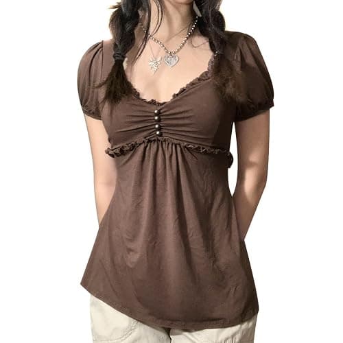 Fairy Grunge Y2k Shirts Vintage Graphic Print Aesthetic Crop Tops Short Sleeve Lace Girls Slim Fit Summer Tees - Image 1