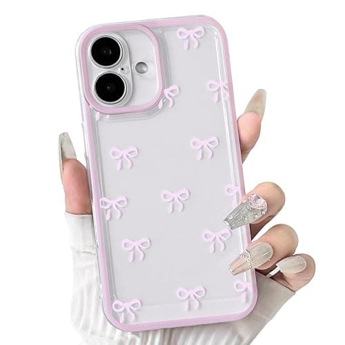 NITITOP Compatible with iPhone 16 Case Clear Cute Durable Bowknot Ribbon Pattern for Girls Women Transparent Soft TPU Full Camera Lens Shockproof Protective Phone Cover - Pink2 - Image 1