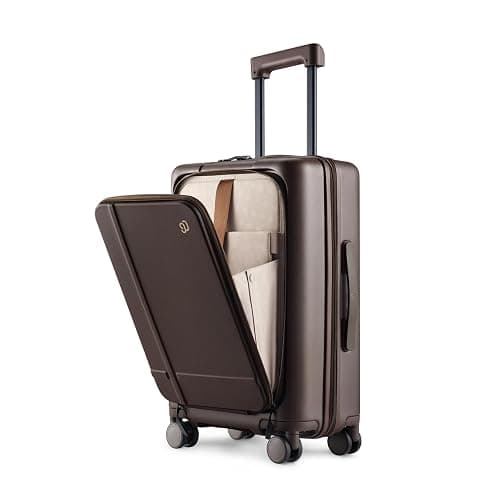 NINETYGO Carry On Luggage 22x14x9 Airline Approved, 20 Inch Suitcase with Front Compartment & Cup Holder, Coffee-Infused PC Hard Shell, Eco-Friendly, TSA Lock, 360° Spinner Wheels (Americaco) - Image 1