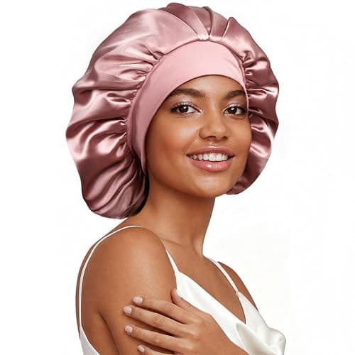 Umisleep 22 Momme Silk Lined Bonnet for Sleeping Women, Double Layer, Large | 100% Mulberry Silk for Long Curly Hair, Reduce Frizz, Soft Adjustable Band Hair Bonnet, Stay on All Night Sleep Cap, Pink - Image 1