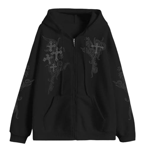 Kelxjia Zip Up Hoodies Y2k Jacket Graphic Gothic Jackets Grunge Cross Hoodie Baggy Streetwear Emo Sweater Aesthetic Clothes - Image 1