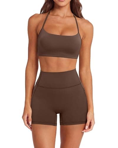 SUUKSESS Women 2 Piece Workout Sets Padded Halter Sports Bras High Waisted Biker Shorts with Pockets - Image 1