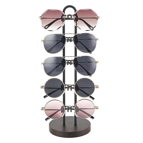 Mkono Sunglasses Organizer Glasses Holder Stand Sunglass Storage Eyeglasses Rack Metal Frame with Wood Base for 5 Pairs of Eyewear Display for Table Desk Countertop Dresser Bedroom (1, Black) - Image 1