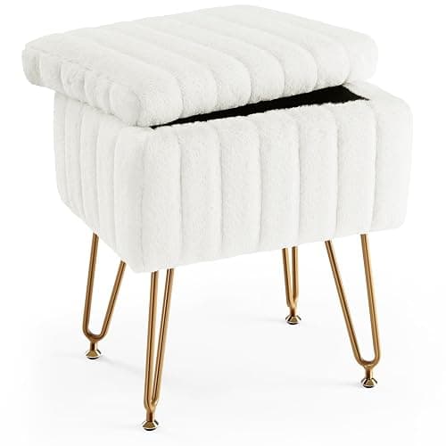 Sweetcrispy Vanity Stool Chair with Storage, Ottoman Faux Fur Soft Padded Makeup Footstools Seat with 4 Metal Legs Anti-Slip Adjustable Feet Modern Cute Small Footrest for Home Entryway Bedroom White - Image 1