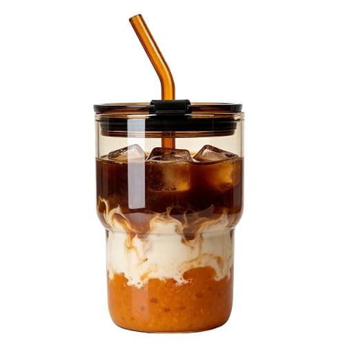 Luxfuel 16 oz Glass Cups with Lids and Straws Reusable Iced Coffee Tumbler | Leak-Proof Borosilicate Glass Iced Coffee Cup for Iced Tea, Water, Office, Travel, Cup Holder Friendly, 1 Pack, Amber - Image 1