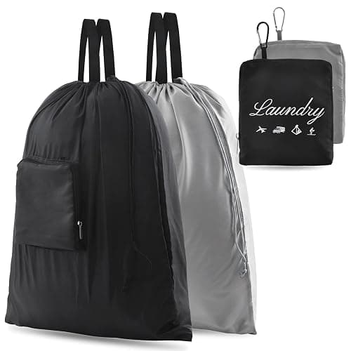 2 Pcs JHX Travel Laundry Bags, Dirty Clothes Organizer【Upgraded】with Handles and Aluminum Carabiner for Travel, Camp, Fitness, and Students (Black&Grey) 24"L x 21"W - Image 1