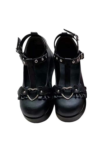 Women's Platform Mary Janes Heart Cat Buckle Rivets Ankle Lolita Gothic Princess Platform Pumps Patent Leather Thorn Vintage Traditional Embroidery Upper Dress Shoes - Image 1