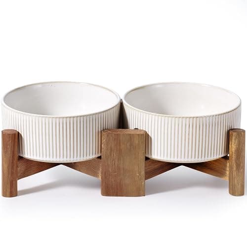 Getstar Ceramic Dog Bowls Set with Acacia Wood Stand, 3.5 Cups Pet Bowls Set of 2 for Medium Dogs, Cute Dog Food Bowl, Cat Bowls - Image 1
