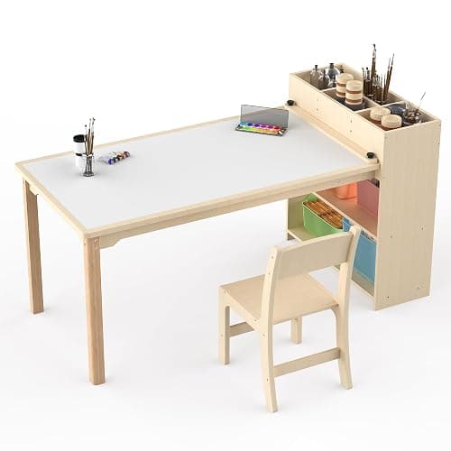 Puecrof Bureau Enfant avec Chaise en Bois de Bouleau – Table Créative avec Rangement pour Dessin, Bricolage et Jeu - Image 1
