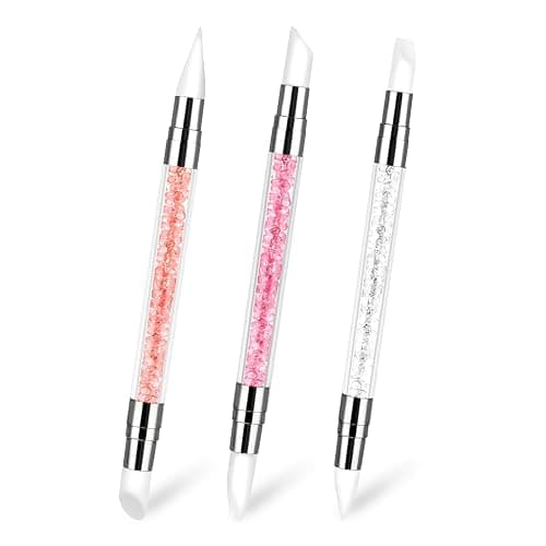 3 Pcs Nail Art Sculpture Pen, Dual Tipped Silicone Nail Tools, Silicone Head Acrylic Handle Nail Art Brushes, Rhinestone Nail Polish Carving Pen, Nail Art Tools for Home Salon(White, Pink, Orange) - Image 1