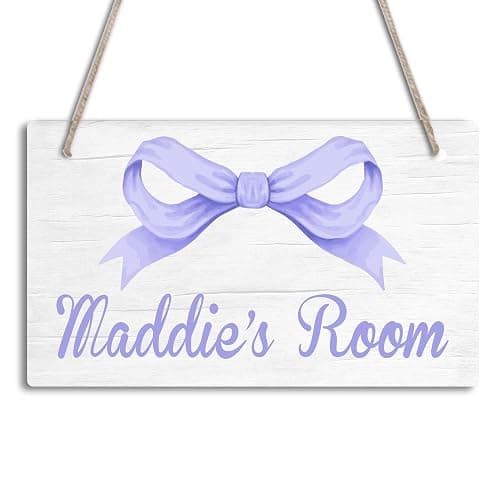 Personalized Lavender Purple Bow Kids Room Door Sign Custom Name Girls Boys Bedroom Decor Toddler Baby Nursery Wood Art Wall Plaque 12x6 Inches - Image 1