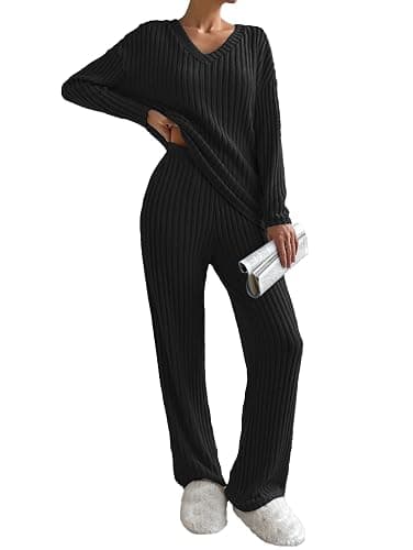 Famulily Womens Pyjamas Set Nightwear, Ladies Ribbed 2 Piece Outfits Loungewear Sets Leisure Suits Homewear V Neck Long Sleeve Jumpers and Wide Leg Trousers with Pockets - Image 1