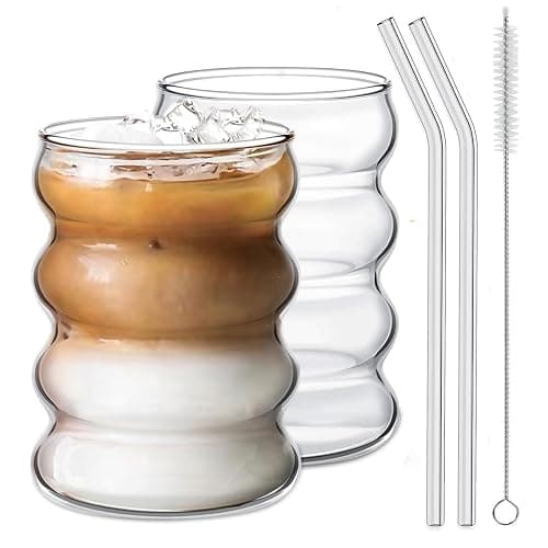 Ework4U 2 Pcs Drinking Glasses with Glass Straw 14oz Glassware Set,Cocktail Glasses,Iced Coffee Glasses,Beer Glasses,Ideal for Water,Soda,Tea,Gift - with Cleaning Brushe - Image 1